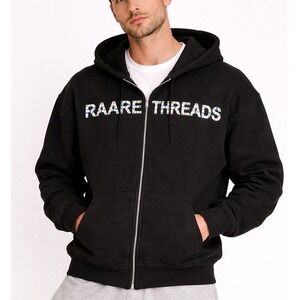 Raare Threads Men's Black Rhinestone Embellished Logo Full Zip Hoodie Size S NWT